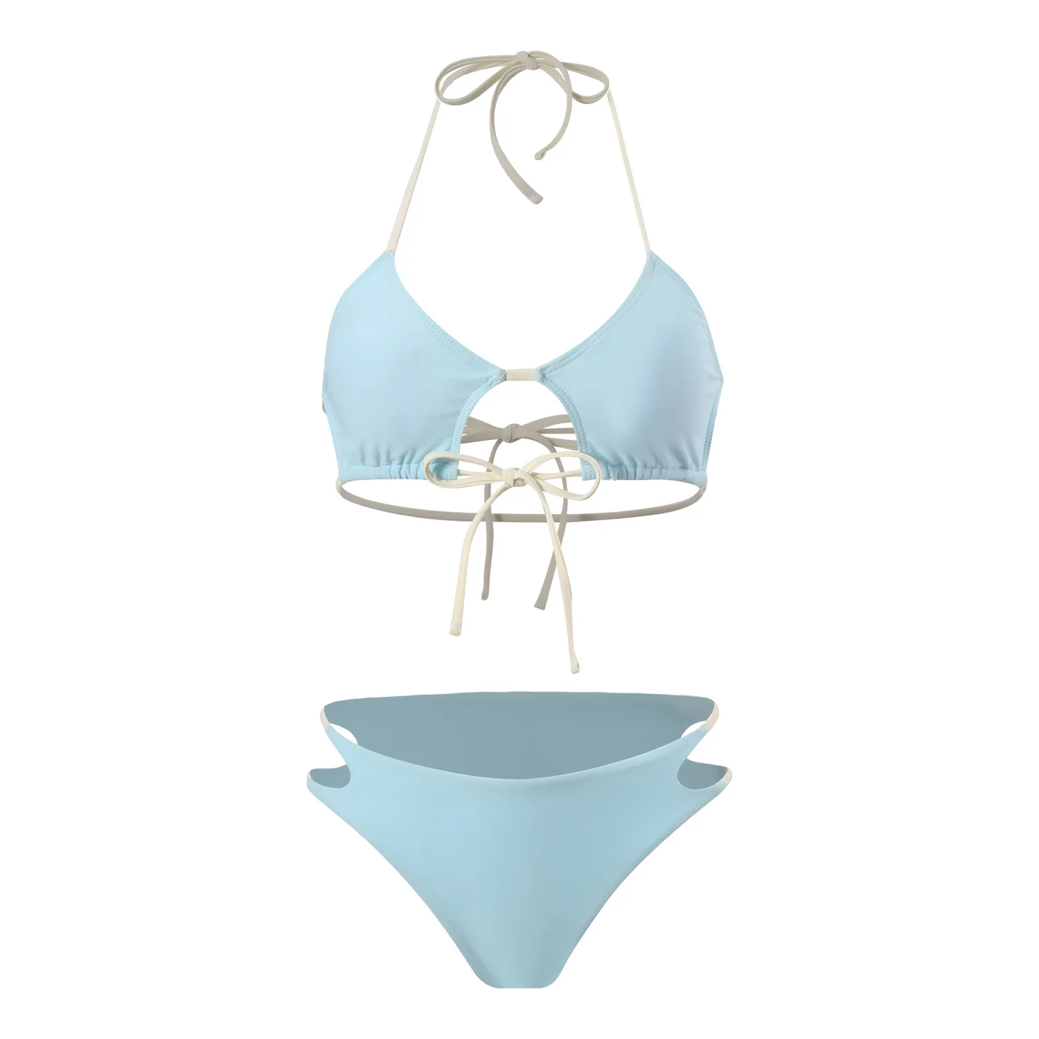 

Светло-голубой комплект бикини с лямкой на шее, на шнуровке, купальник для женщин, сексуальный вязанный крючком с завязкой спереди, двухсекционный купальник для пляжного отдыха