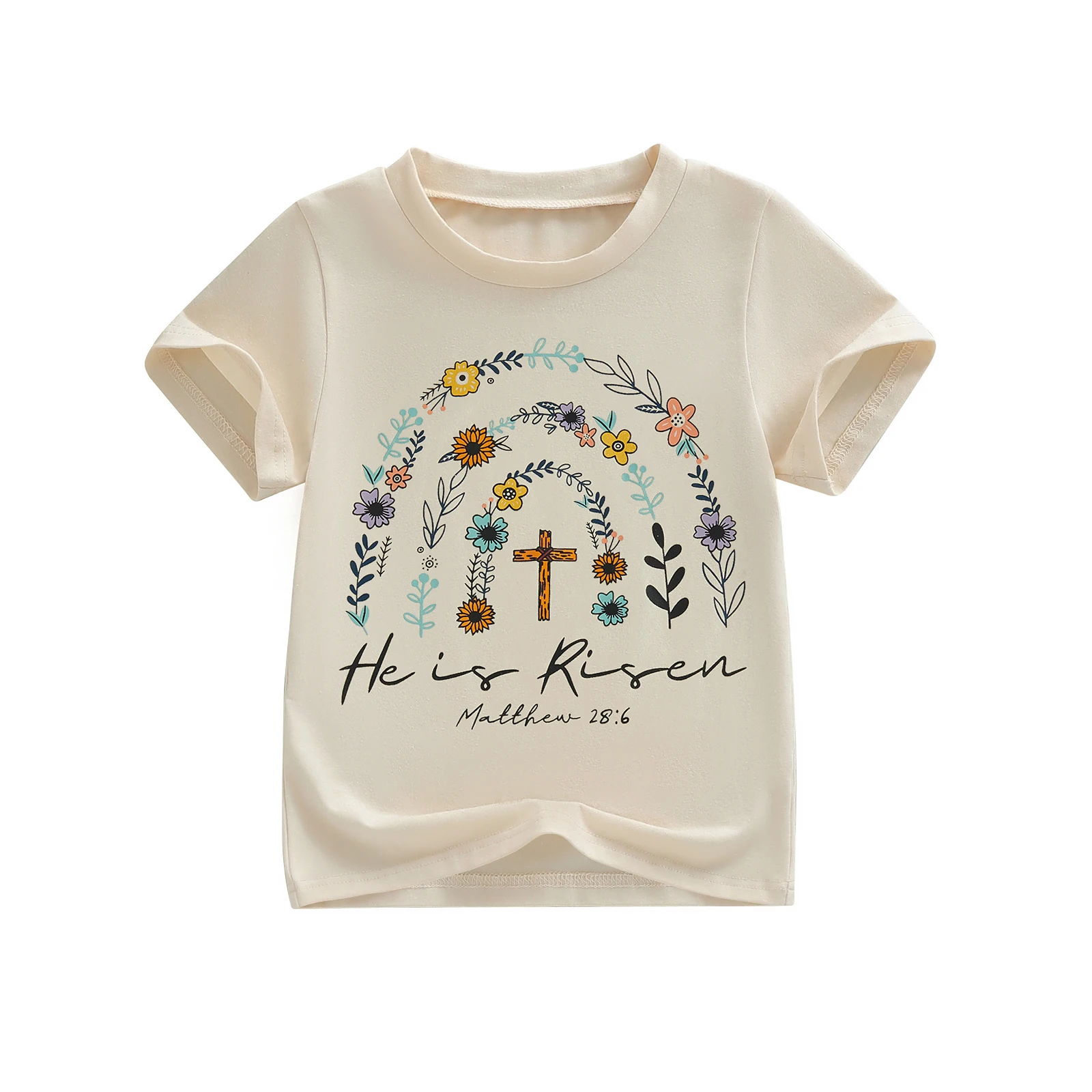 

Girls Casual Easter Tops Short Sleeve Crewneck Letter Cross Floral Print Loose Fit T-shirt