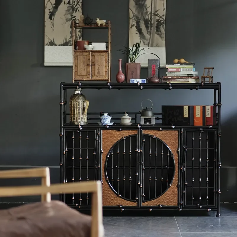 Black Bamboo Edge Cabinet Handmade Semi Round Double Door Sideboard Tea Set Storage Display Console for Dining Room Tea House