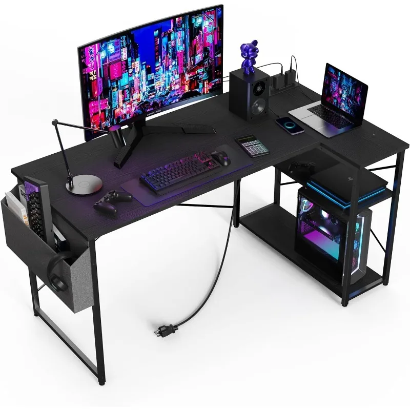 

L Shaped Computer Desk with Power Outlets, 47 Inch Small Corner Tables with Reversible Shelves, Gaming Desk Computer Table