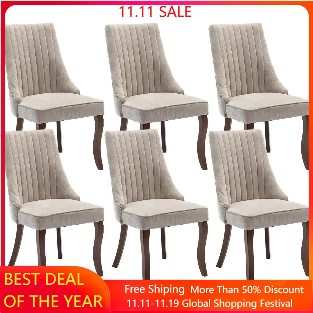 

Dining Chairs Set of 6, Linen Channel Tufted Kitchen Dining Room Chair with Curved Wood Legs, Fabric Upholstered Dining Chair