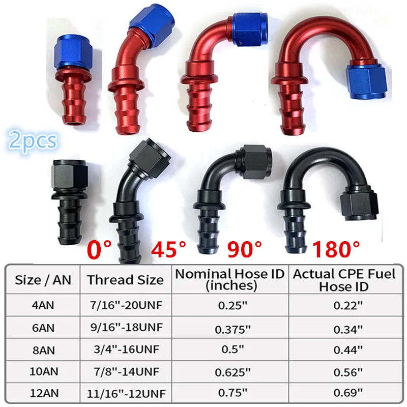 

2Pcs Push-on Hose End Fittings AN4 AN6 AN8 AN10 AN12 Fuel Oil Cooler Hose Fitting 0 45 90 180 Degree Reusable Connection Adapter