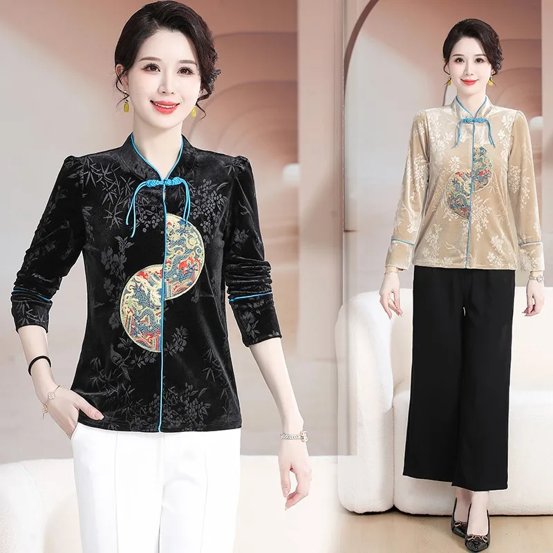 

Vintage Jacquard Shirt Spring Autumn Folk Stylish Chinese Disc Buckle embroidery Women's Clothing Loose Stand Collar Blouse