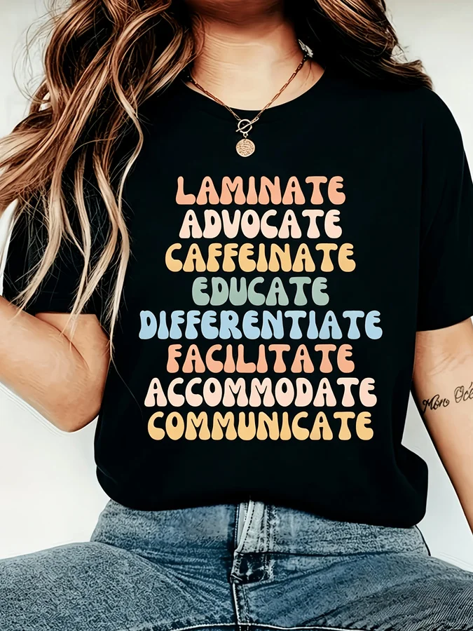 Retro Groovy SpEd Teacher Shirt Women Graphic Tees Laminate Advocate Caffeinate Educate T-Shirt School Teacher Gifts Top Y2K