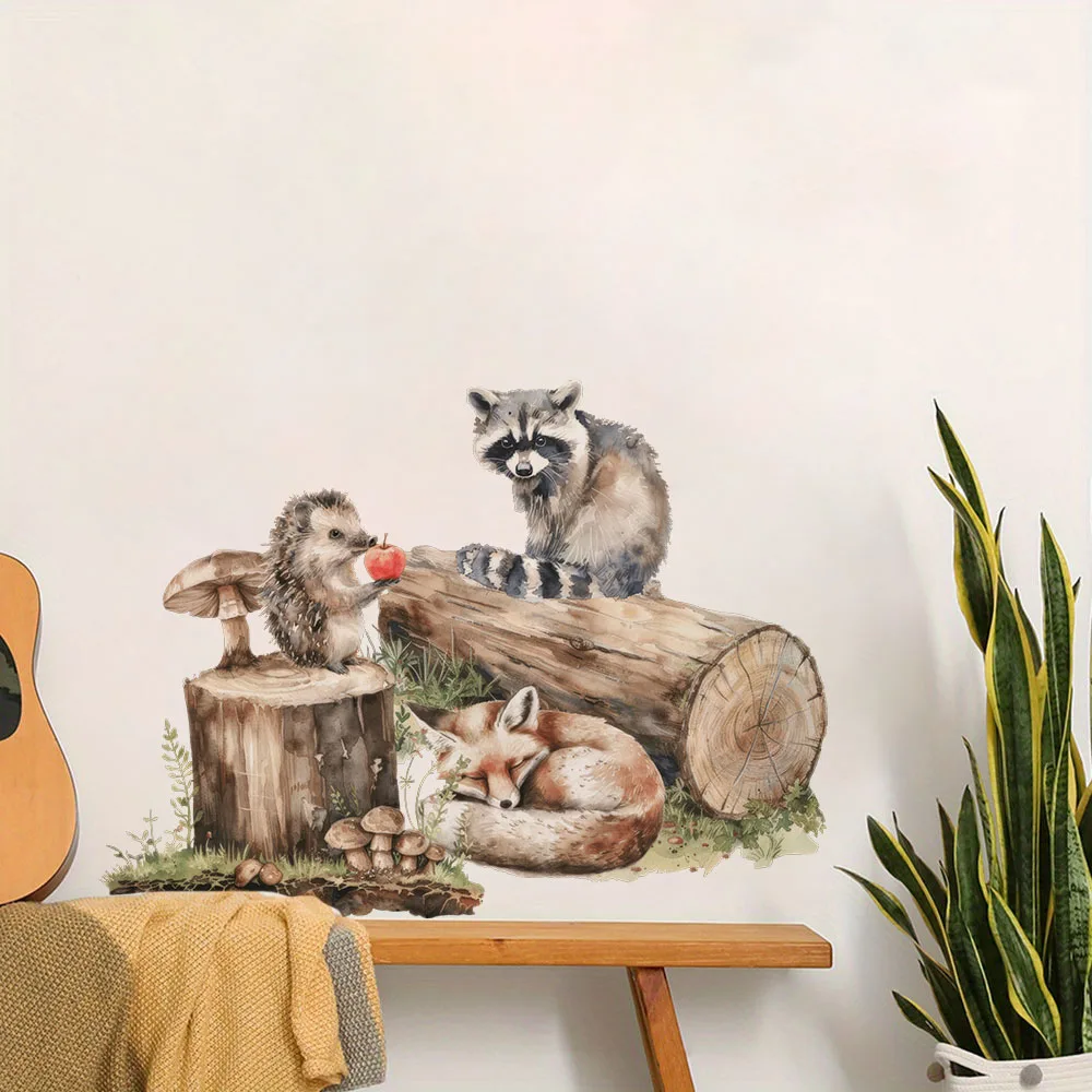 Cartoon Raccoon Hedgehog Fox Stump Wall Stickers Jungle Forest Animals Wall Decals for Bedroom Baby Nursery Playroom Wall Decor