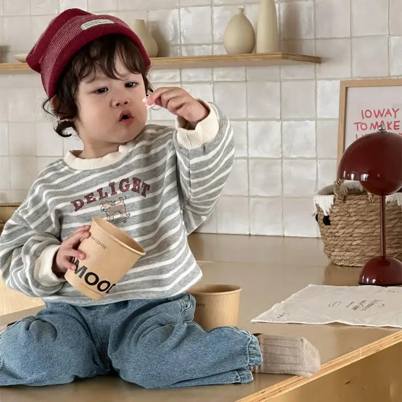 

Infant Cotton Pullover Cartoon Letter Tops Boys Girls Casual Sweatshirts 2025 Autumn New Baby Long Sleeve Striped Sweatshirt