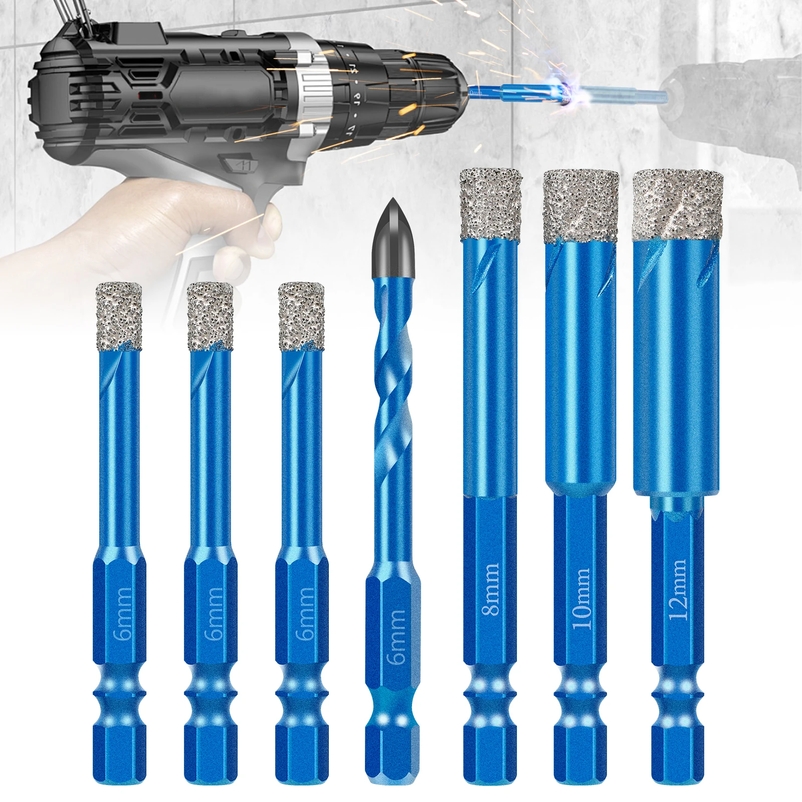 

7PCS Diamond Drill Bits Tile Hole Saw Kit 6mm 8mm 10mm 12mm with Hex Shank Quick Change for Ceramic Granite Marble Porcelain