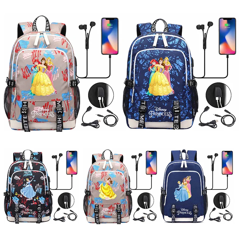 Snow White Princess Cinderella Laptop Backpacks Student USB Charging Backpack Famale Colorful Print Rucksack Travel Bag Mochila