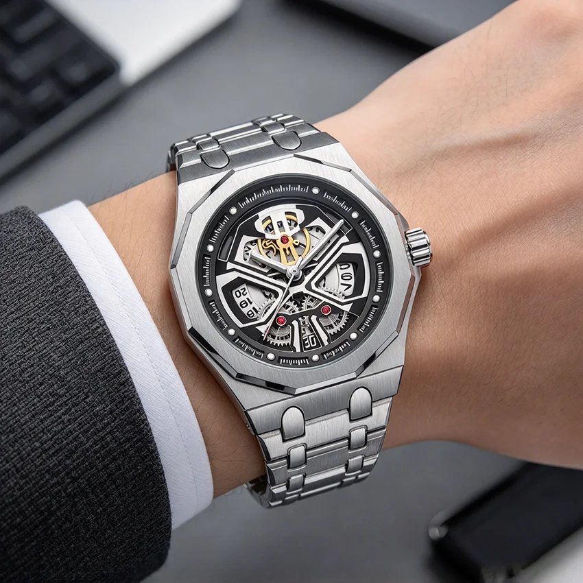 Fashion Skeleton Men Watch Hollow Dial Octagon Luxury Quartz Watch Stainless Steel Waterproof Reloj Relogio Masculino New