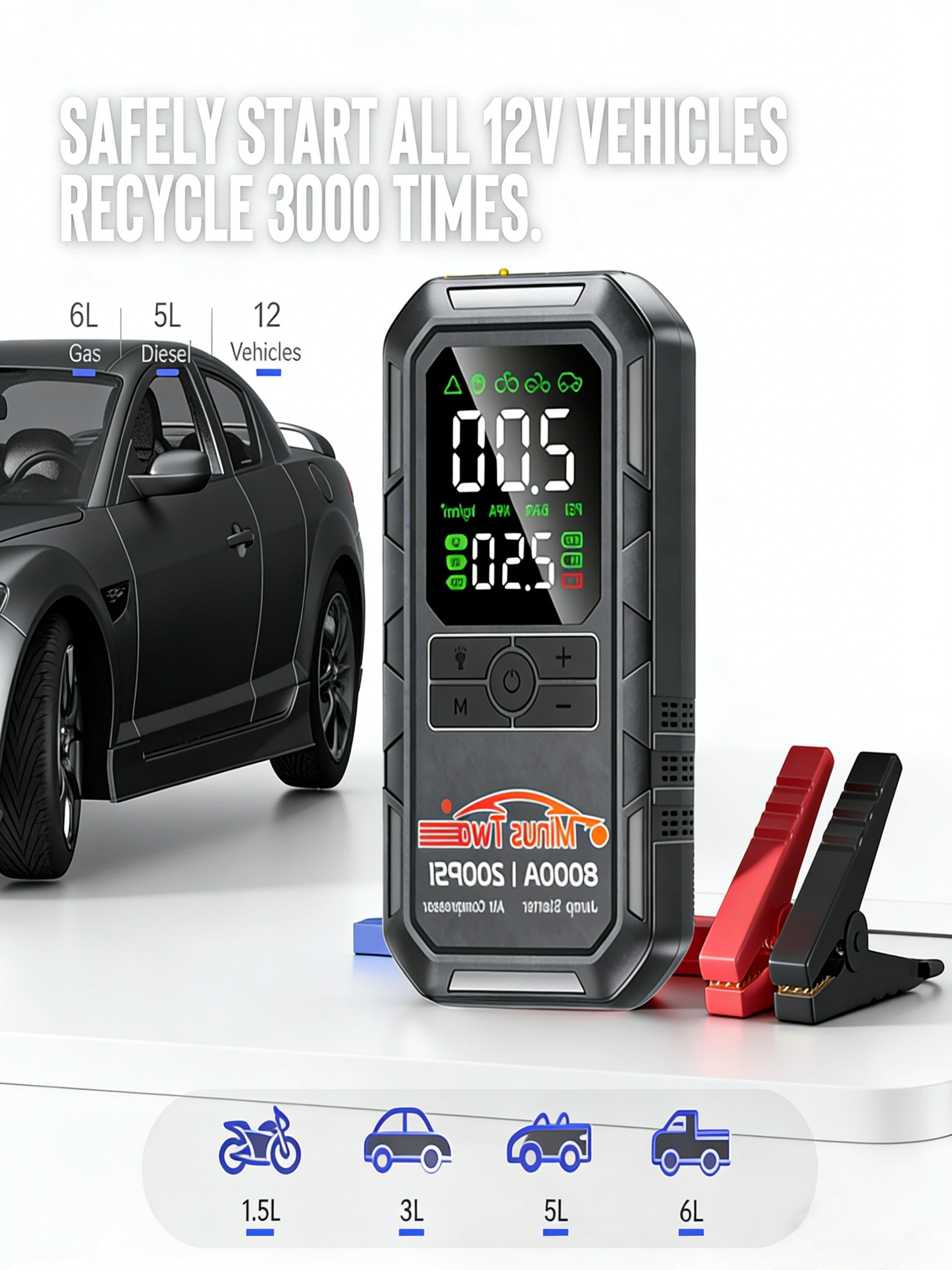 Car Jump Starter & Tire Inflator 200PSI - Portable Power Bank for Cars, Bikes, Inflatables, Emergency Use