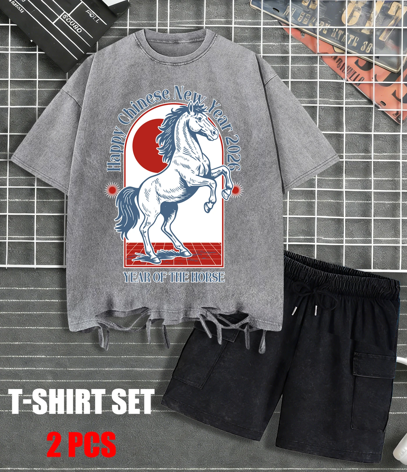 

Футболка и шорты унисекс из хлопка с принтом «Год Лошади» к китайскому Новому году, повседневная летняя модная одежда, свободный крой, с эффектом потертости