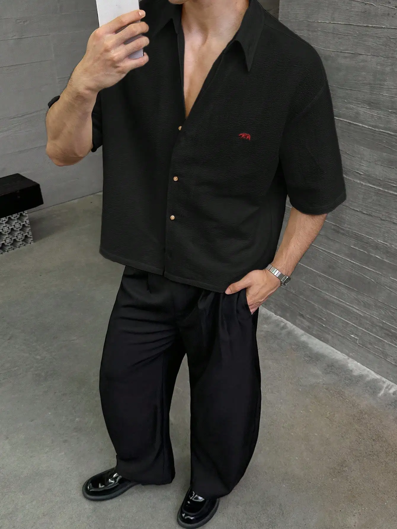 

Men's Black Textured Short Sleeve Button-Up Shirt with Red Animal Embroidery, Casual Summer Wear