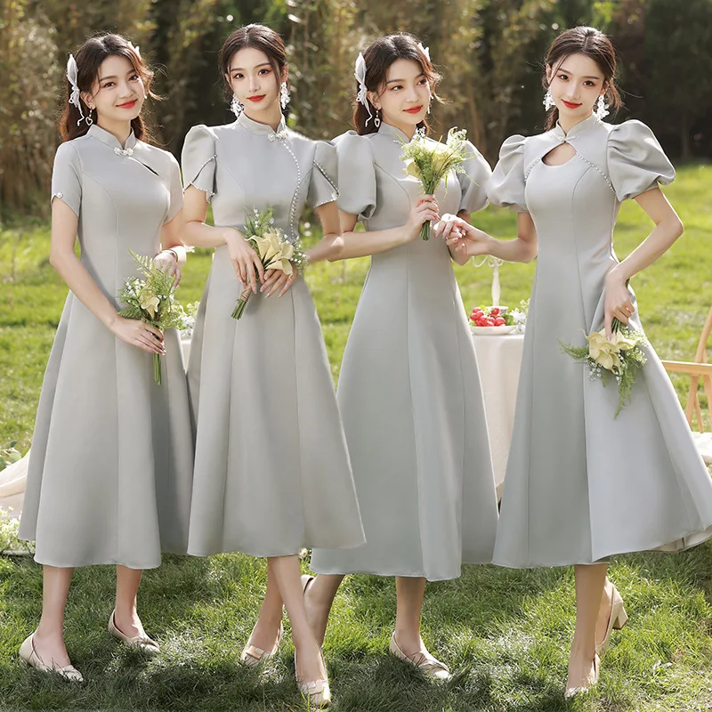 

Chinese Sle Maidsmaid Dr ay Satin Material Slimming Aesthetic Suitable for Daily Wear ort Sve Bridesmaid Gown