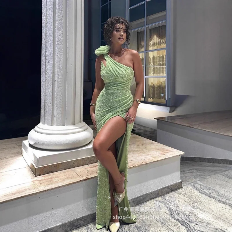 

New Arrival Women's Heavy Craft Single Shoulder 3D Flower Ruched Heavy Craft Beaded Sequin Open Hairpin Slim Fit Party