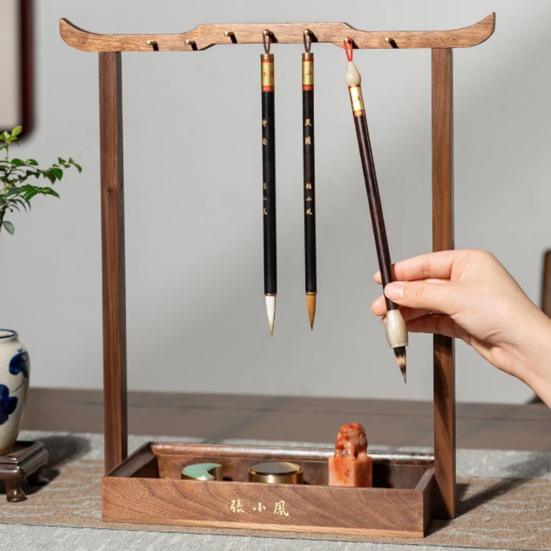 Penholder Black Walnut Brush Hanger Brush Rack Chinese Calligraphy Brush Storage Holder Desktop Brush Rest Solid Wood Ornament