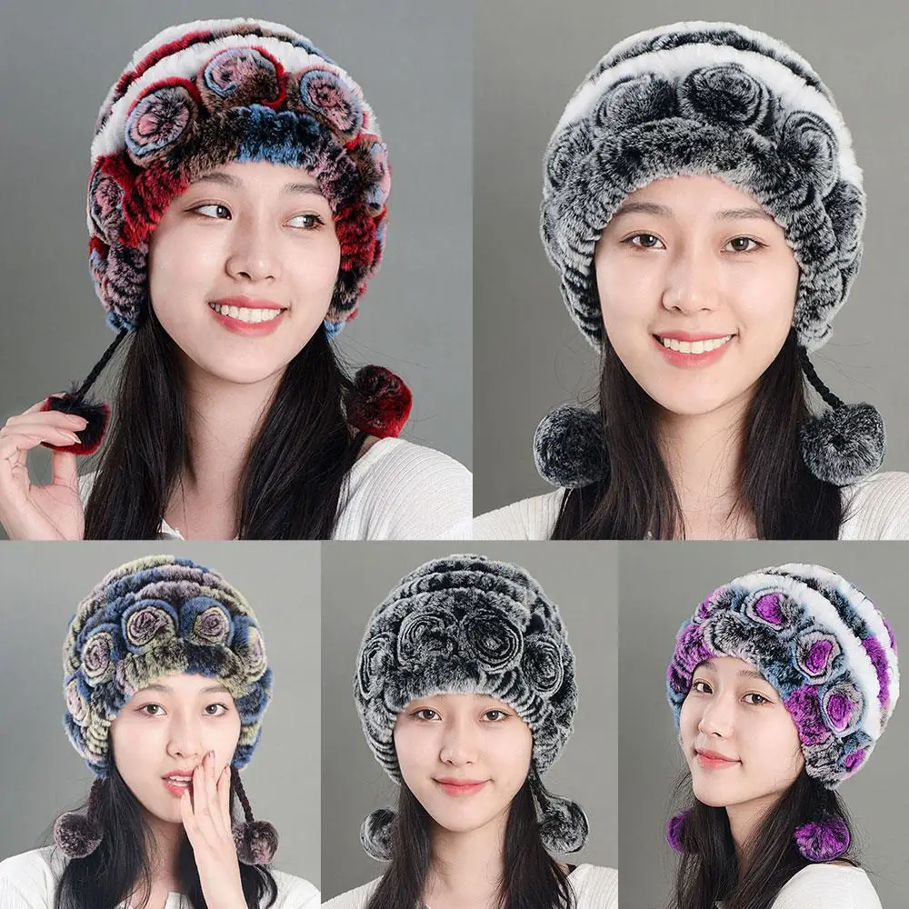 高級レックスラビットファー女性用帽子-本物の毛皮ニットスカルキャップ-ビーニー-花柄ストライププルオーバーキャップ-女性用冬帽子-ふわふわスキーキャップ
