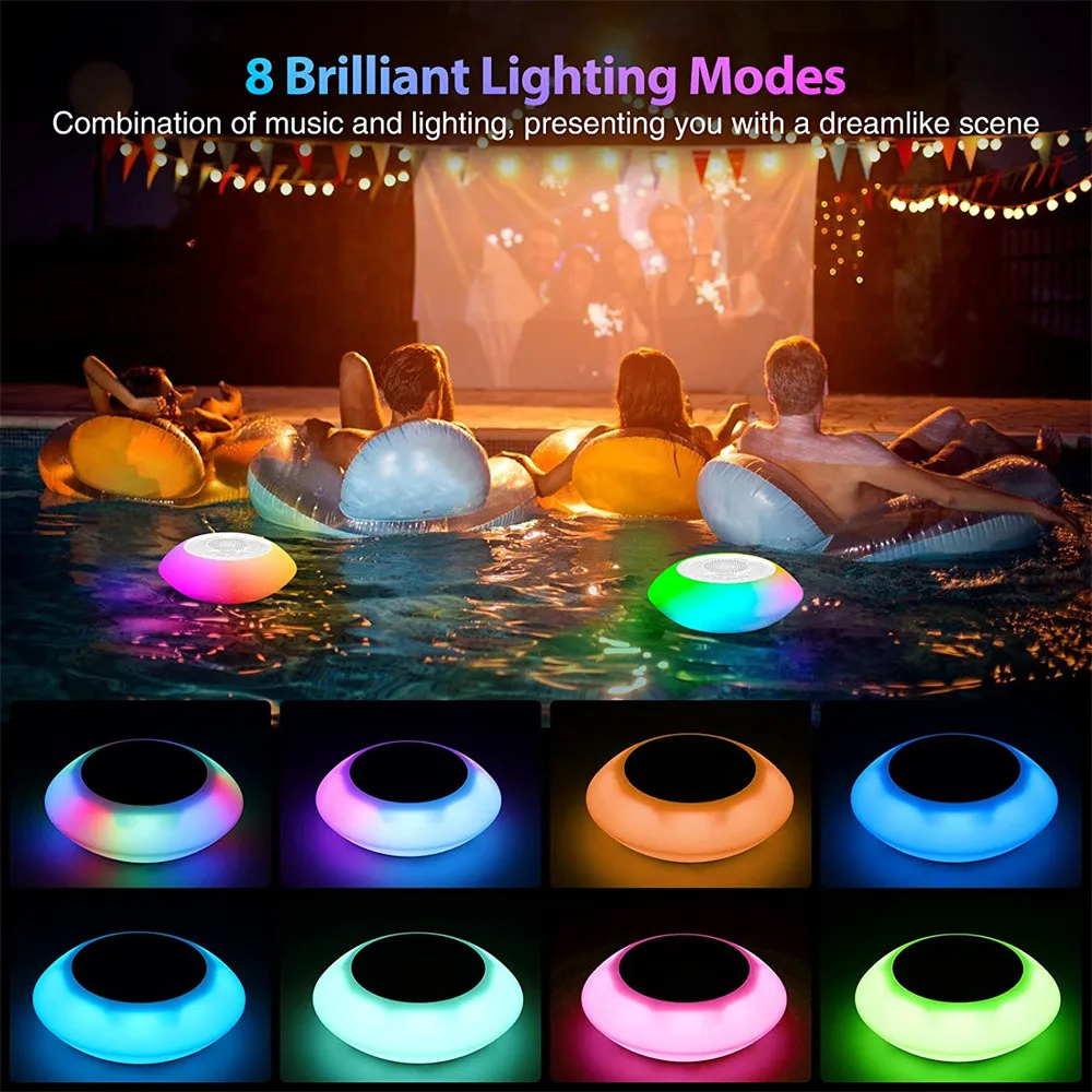 Ipx7 Led Zwembadverlichting Draagbare Waterdichte Muziek Bluetooth Speakers Zwevend Stereo Geluid Draadloze Douche Bad Kleurrijke Zwembadlampen