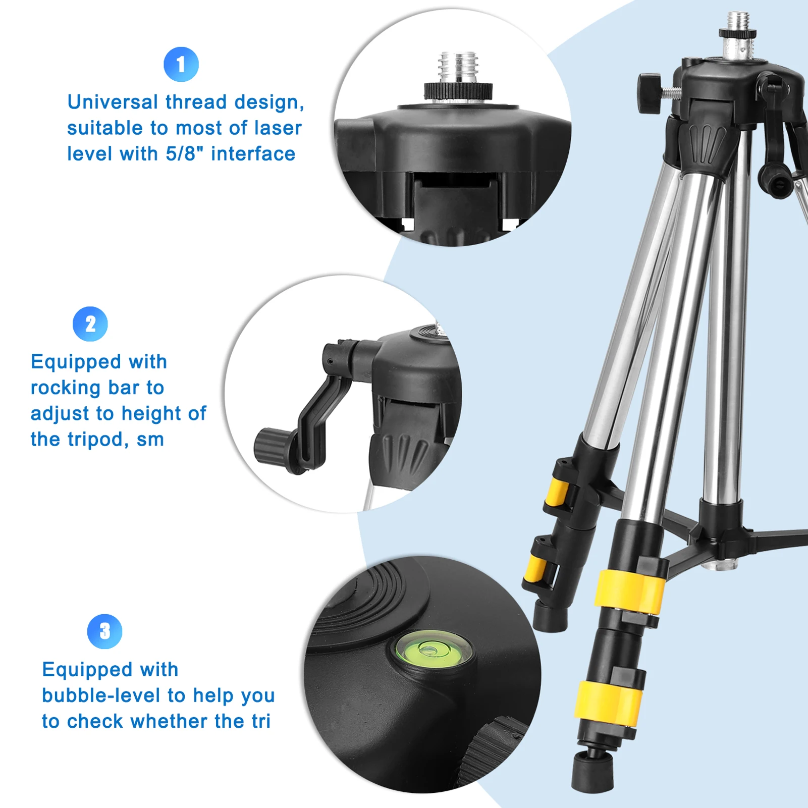 1.2M Stainless Steel Extension Bar Tripod Stand for Laser Level with 5/8inch to 1/4inch Adapter Three Height Adjustment Holder