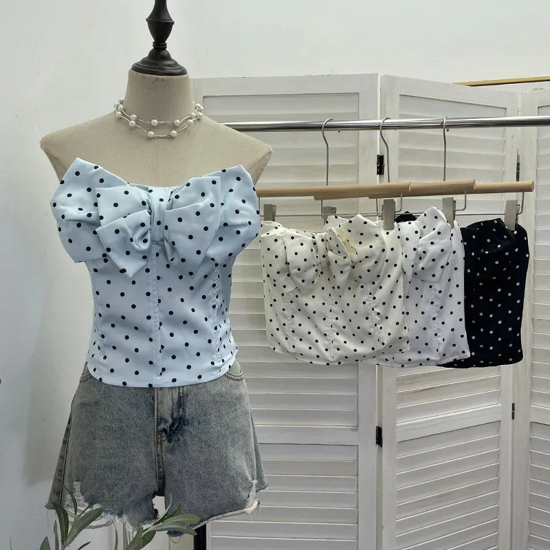 Women Polka Dot Bow Bustier With Chest Pads Anti-slip Strips Boned Corset Tube Top Summer New Sleeveless Casual Vest Top2865