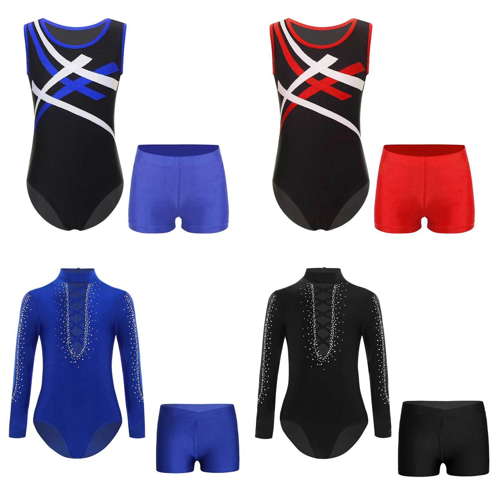 Boys Acrobatics Gymnastics Jumpsuit Contrast Color Kids Figure Skating Bodysuit with Shorts for Training Bodysuit Yoga Leotard