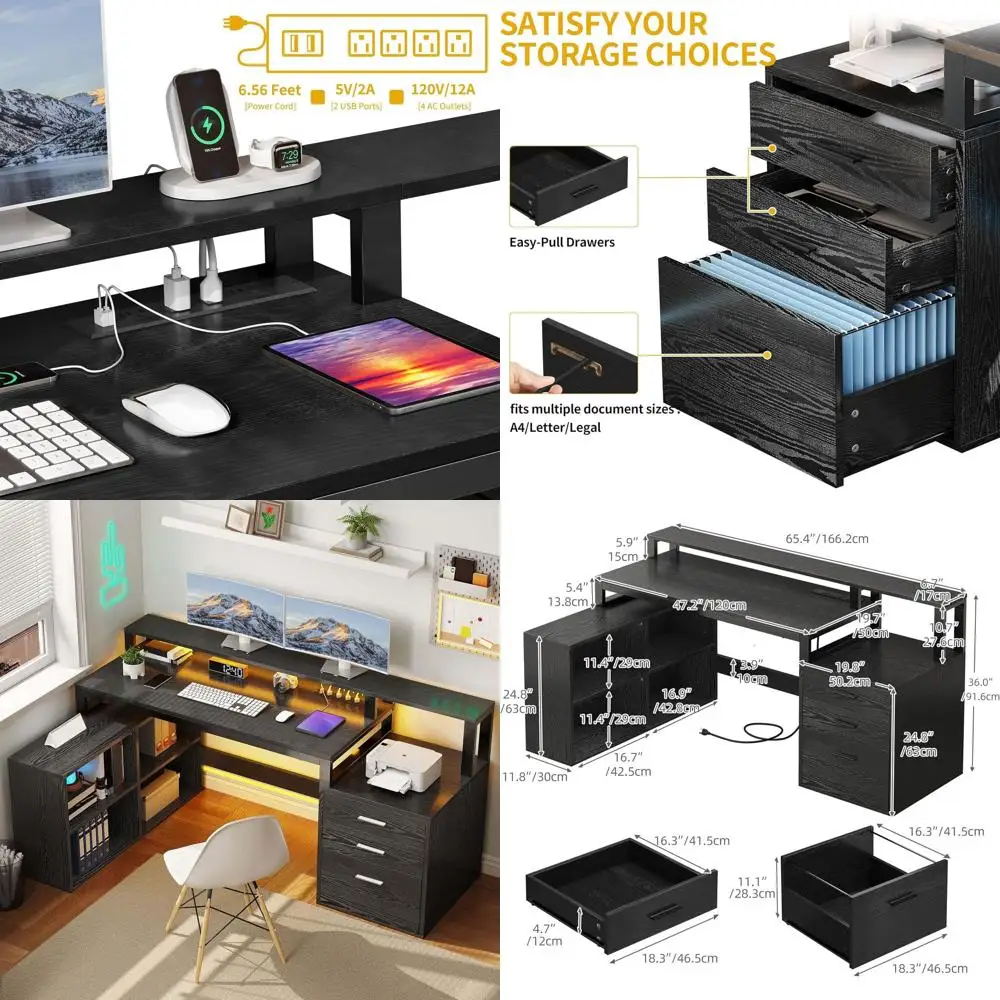 

65-дюймовый L-образный стол для домашнего офиса с местом для хранения, светодиодной подсветкой и розетками, черный