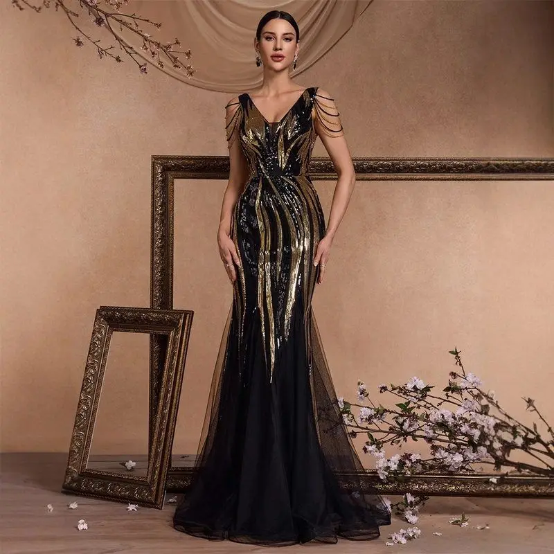 Ele Bla Fi Tail Evening Dr V-Ne Bridal Maids Dr Women's Faionable Cotail Par Gown ألياف البوليستر