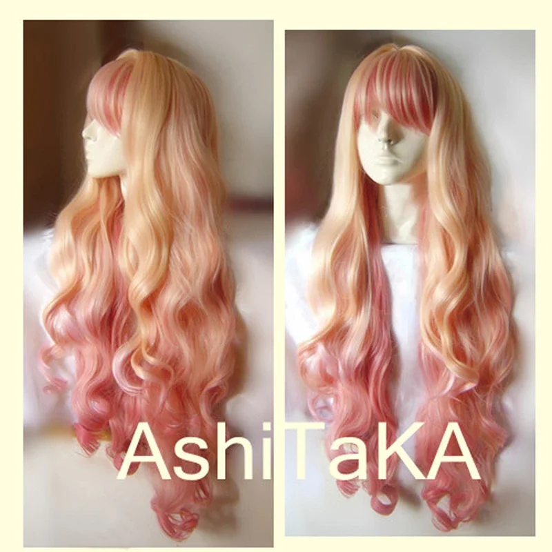 Macross F Sheryl Nome Long Wavy Light Blonde Pink Dream Ombre Heat Resistant Cosplay Costume Wig + Track + Cap