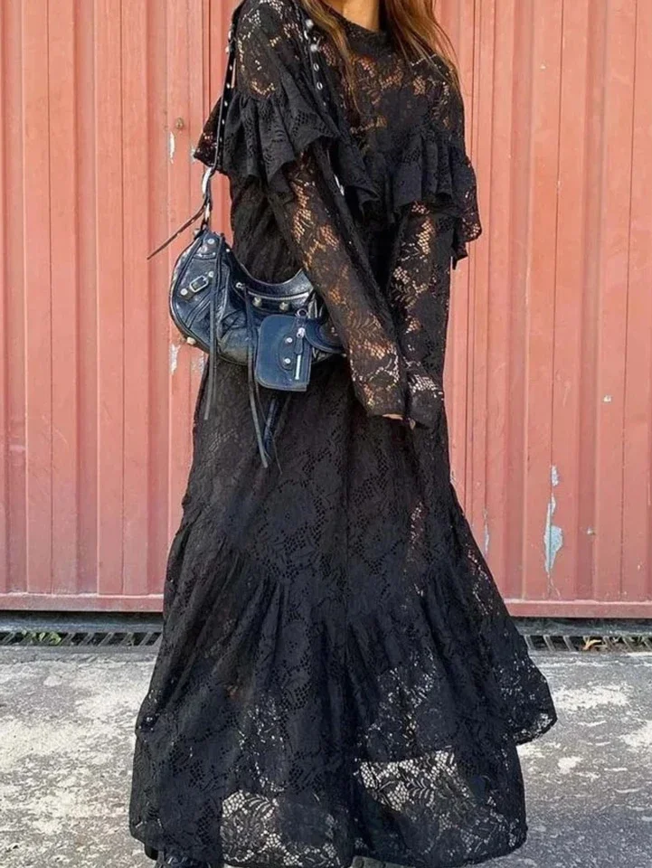 

Fashion Black Lace Womens Dresses Elegant O-Neck Long Sleeve Ruffled Dresses Casual Loose Ankle-Length Dress Streetwear