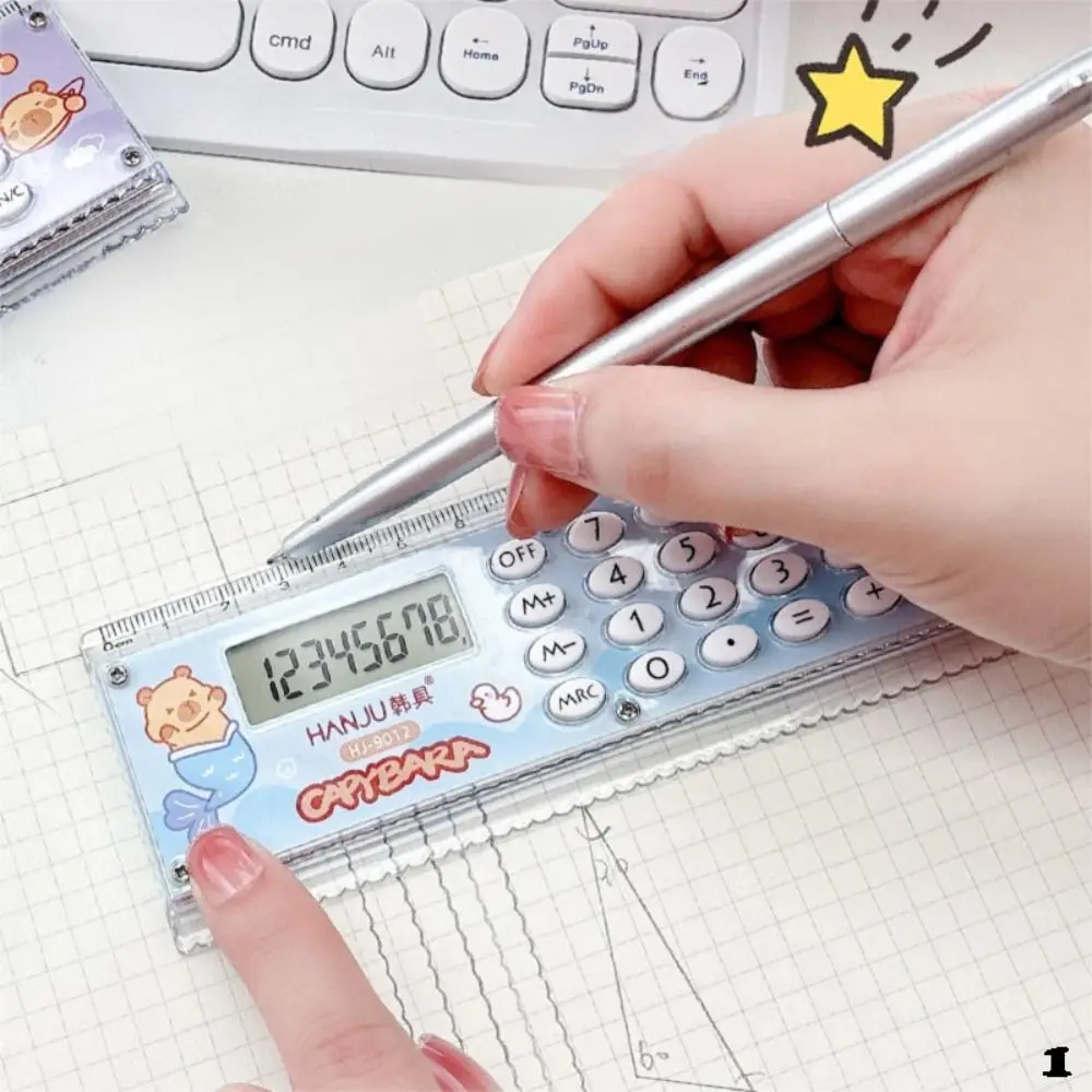 New 8-digit Capybara Ruler Calculator Mini Silent Type Straight Ruler with Silicone Button Cartoon Straightedge Drawing Tool