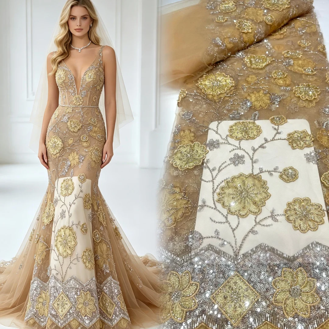 

Luxury Nigerian Handmade Beaded Lace Fabric 2026 High Quality Sequins Beaded Embroidery African French Lace Fabric For Dress