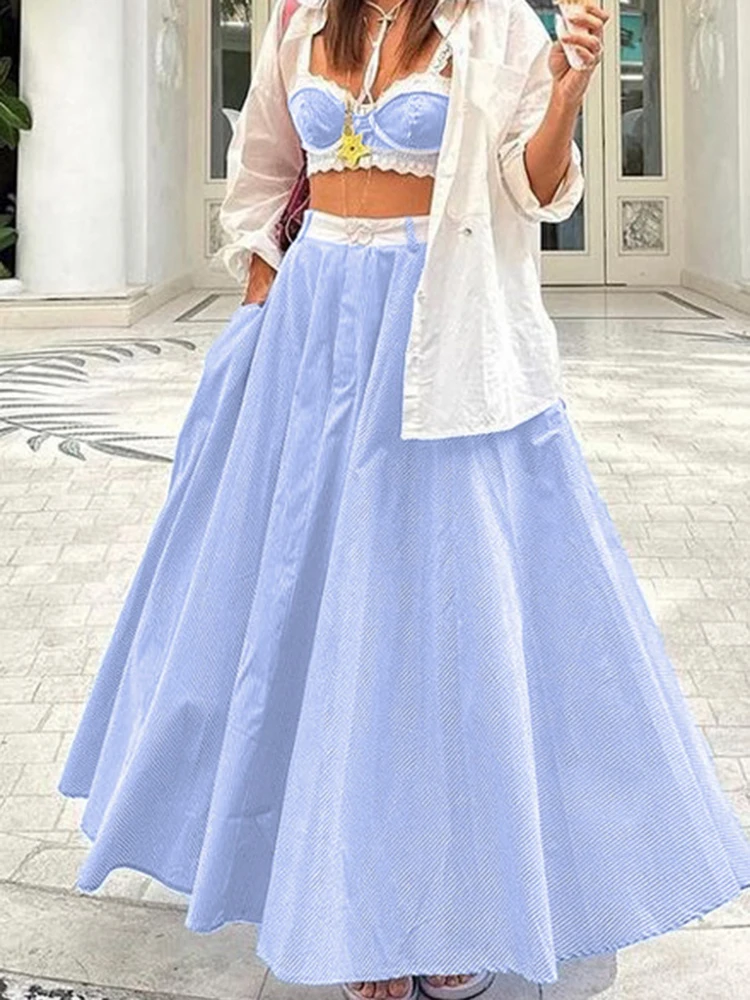 

Летний новый комплект: топ-халтер и длинная юбка, повседневный простой пляжный наряд для женщин, модный комплект из двух предметов с полосатым принтом