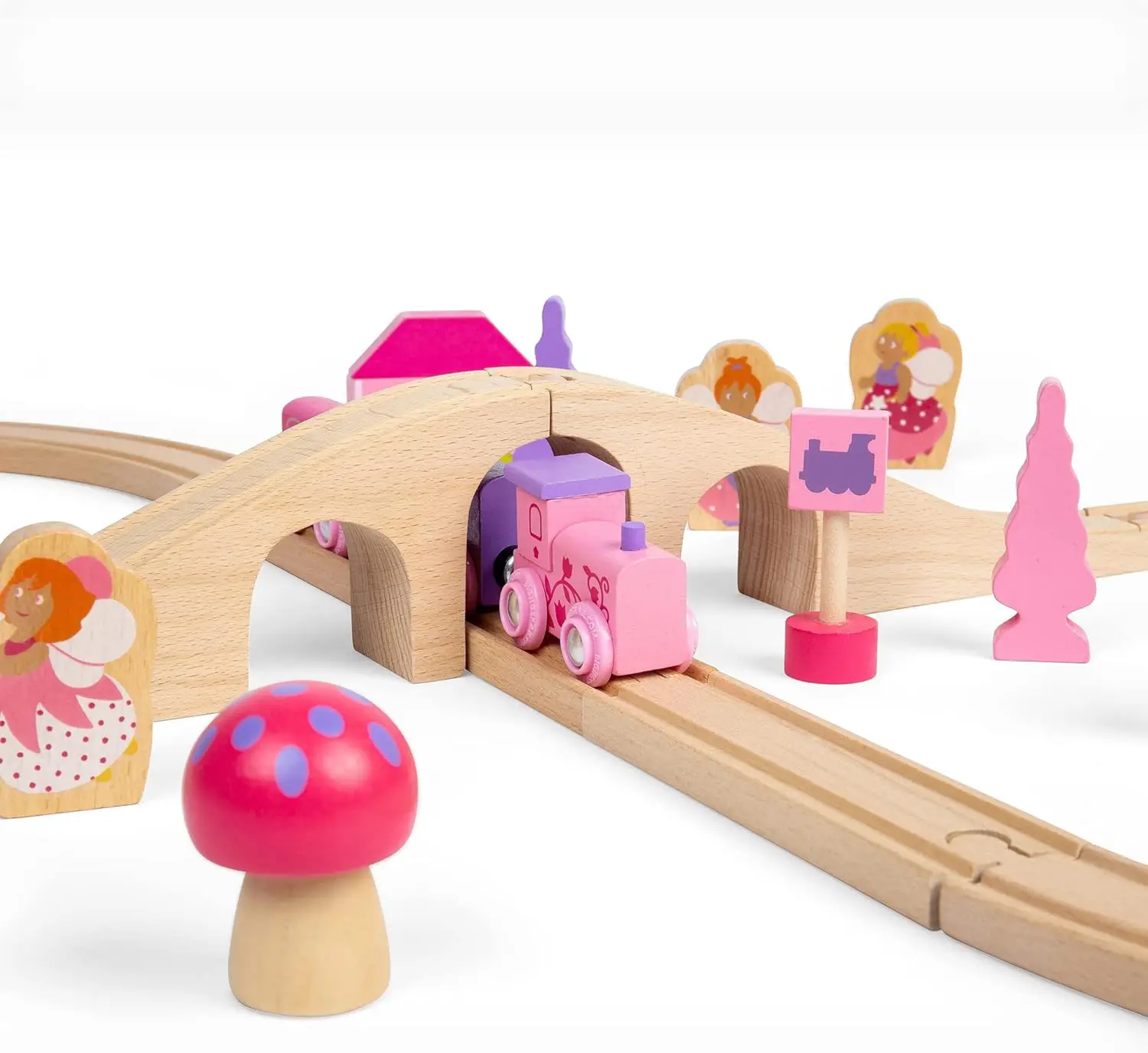 Set Kereta Api Bigjigs Rail Fairy Figure of Eight - 35pc Rel Kayu Pink, Kereta Api Mainan & Aksesoris, Mainan Putri untuk Anak-Anak, Compa