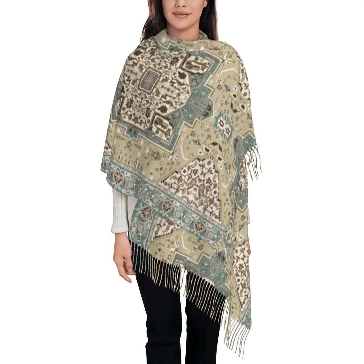 

Женские большие богемные этнические антикварные персидские ковровые шарфы, женские зимние толстые теплые шаль с кисточками, шарф в стиле племенного ковра