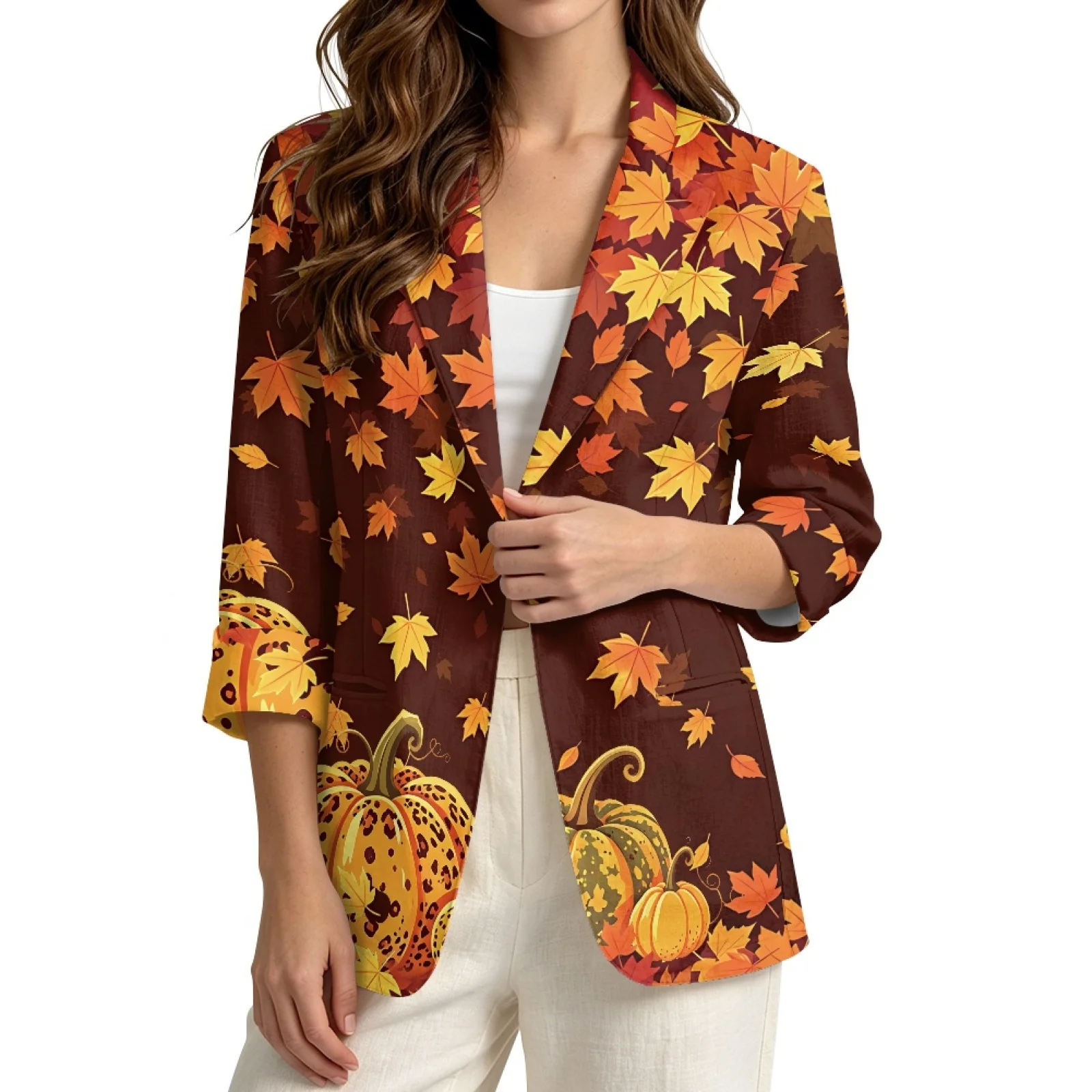 PENSTROLL Maple Leaf Pumpkin with Pockets Light Cover Up for Vacation Linen Like Outerwear Sizes S-3XL