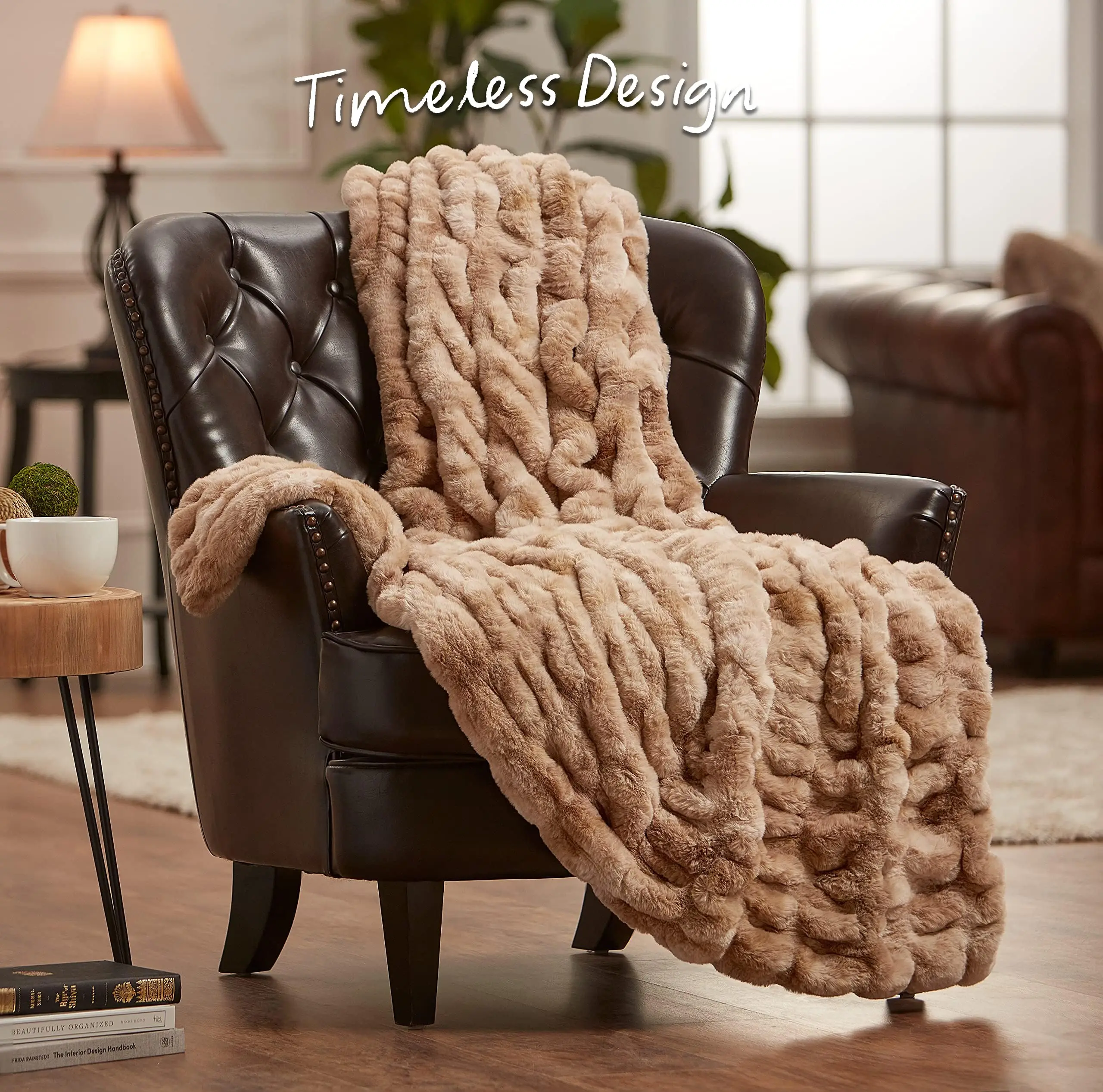 Premium Ruched Faux Fur Throw Blanket - Luxurious, Soft Reversible Mink Blanket - 92