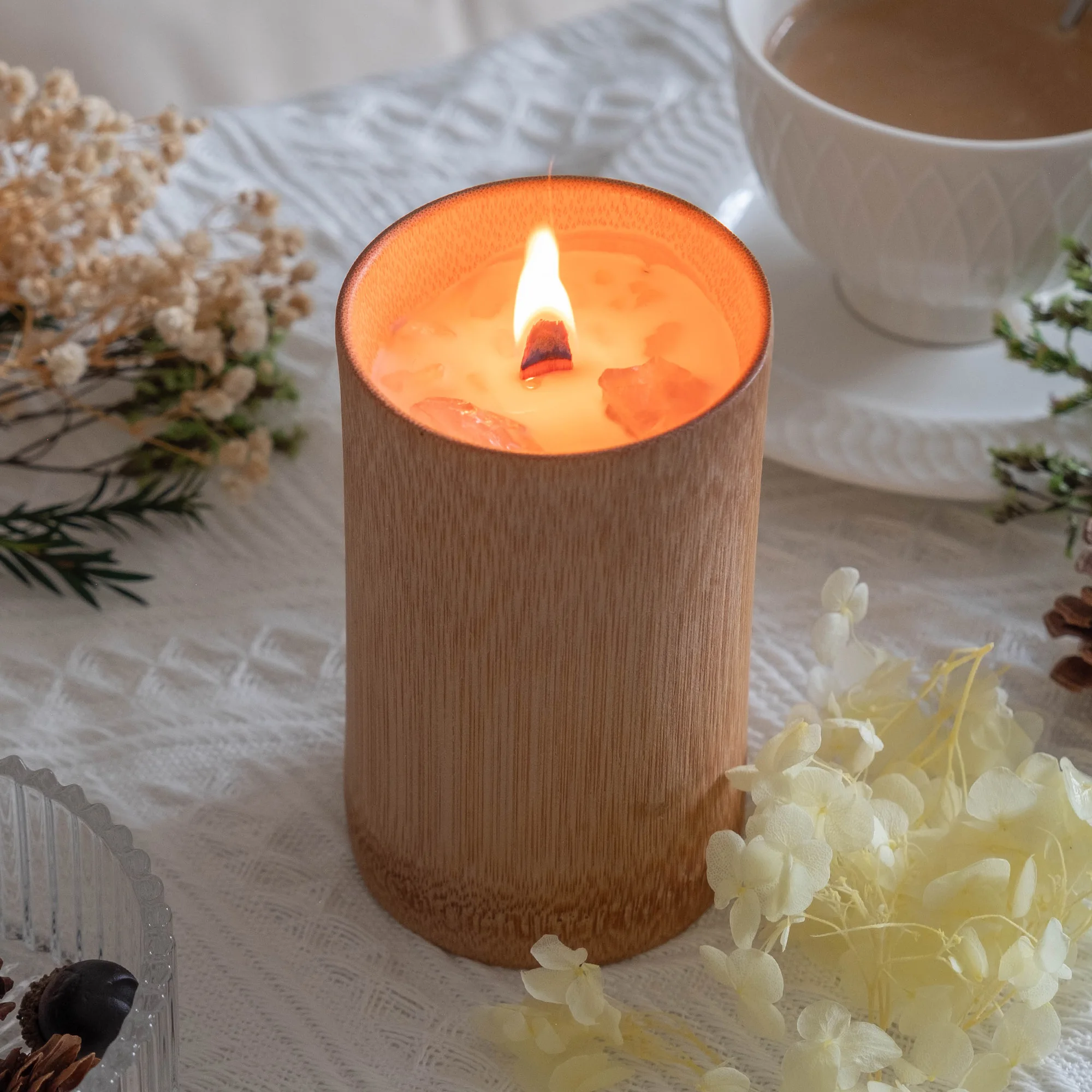 Long Lasting Candle, Wood Wick Candles That Crackle, Cozy Scented Candles Gifts, Unique Candles In Carbonized Bamboo Cups, Chris