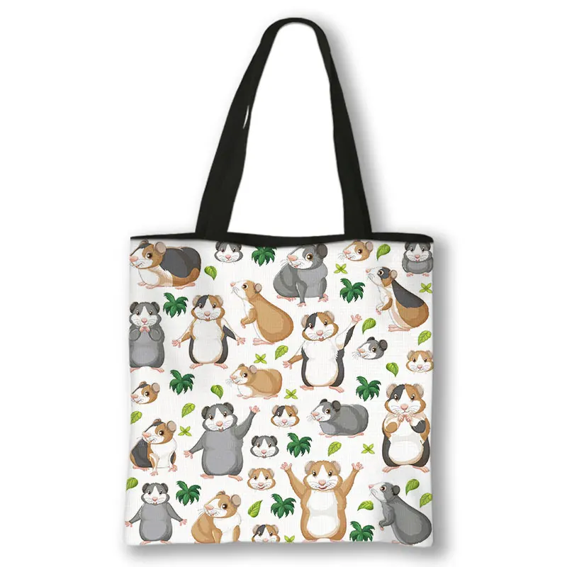 Cartoon Hamster Print Shoulder Bag Canvas Cute Animals Shopping Bags Large Capacity Ladies Totes Bag Reusable Shopper Bags Gift