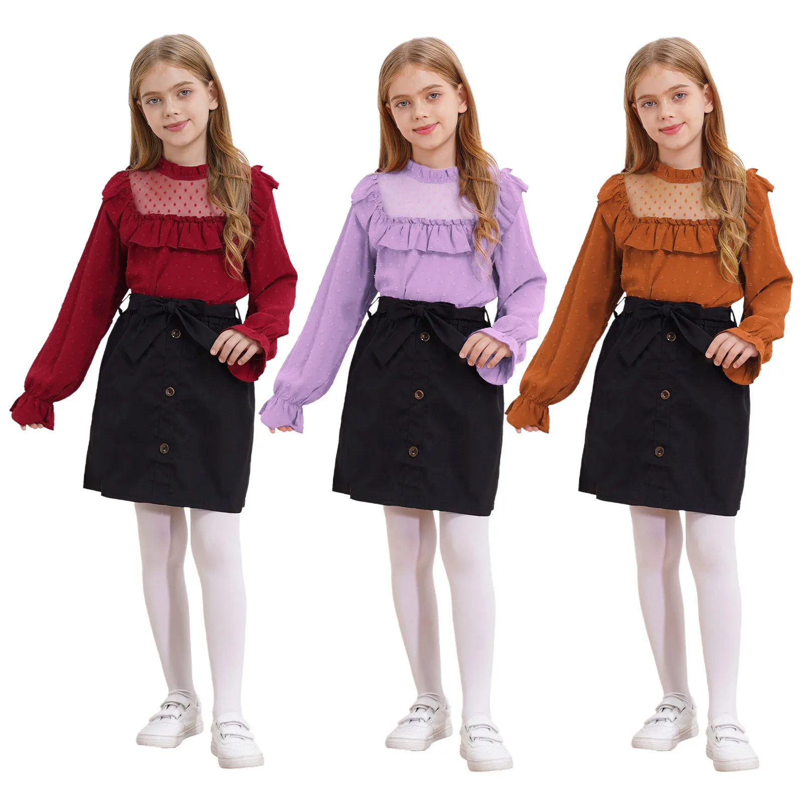 

Kids Girls Casual Outfit Long Sleeve Sheer Mesh Patchwork Ruffles Dots Pullover Tops with Skirt and Belt Spring Clothes Set