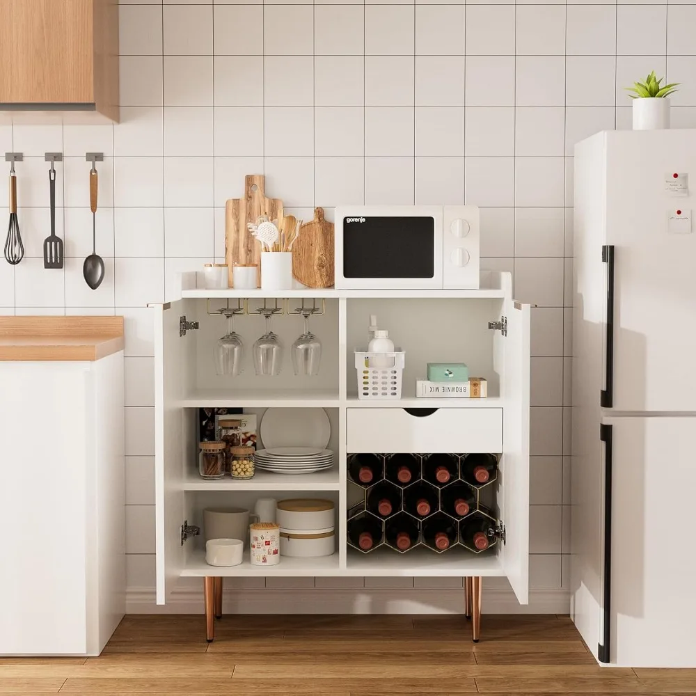 ワインラックとグラスホルダー付きキッチンビュッフェキャビネット、コーヒーとワインバー用の収納サイドボード