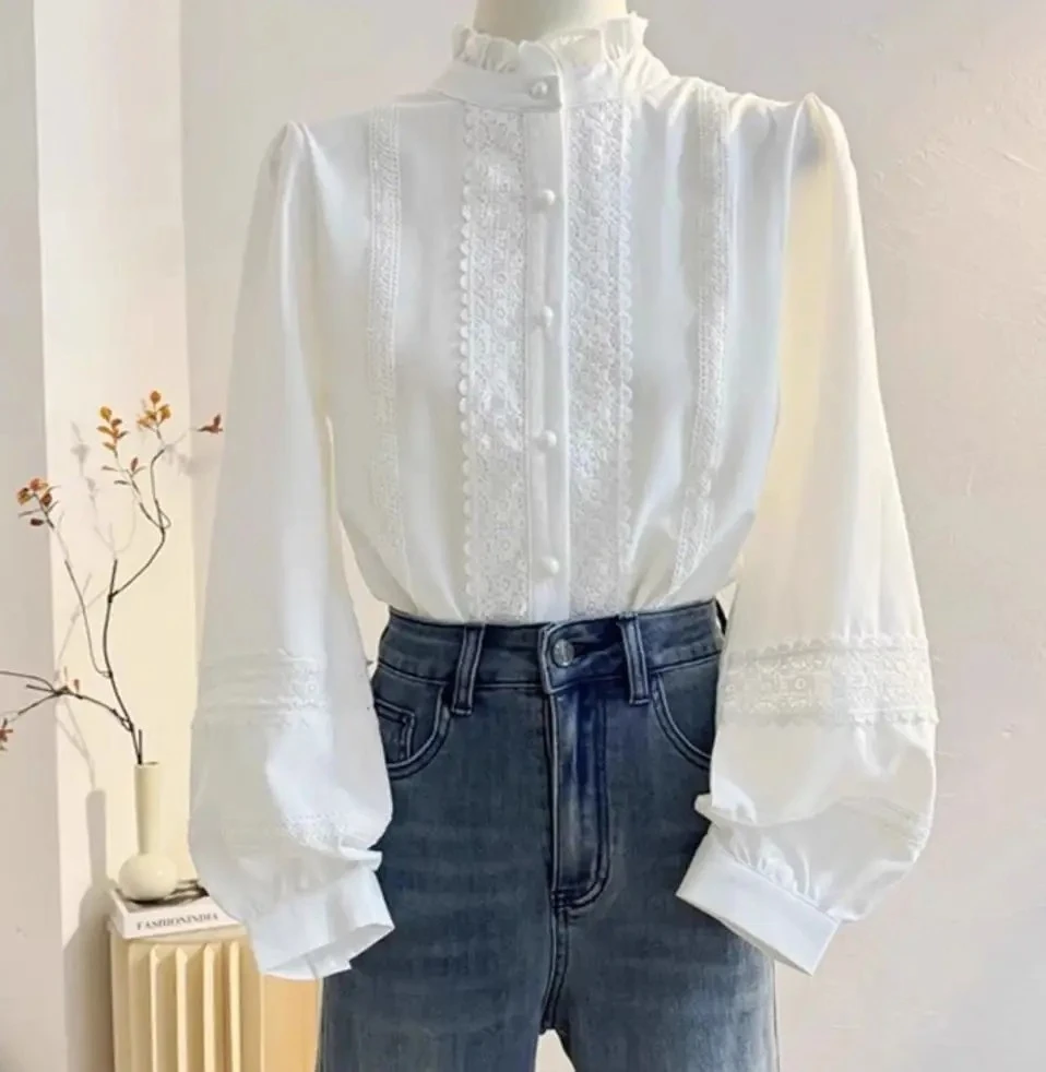 

Stand Neck Ruffles Long Sleeve Blouse Women Clothing White Tops Fashion Lantern Sleeve Sweet Shirts