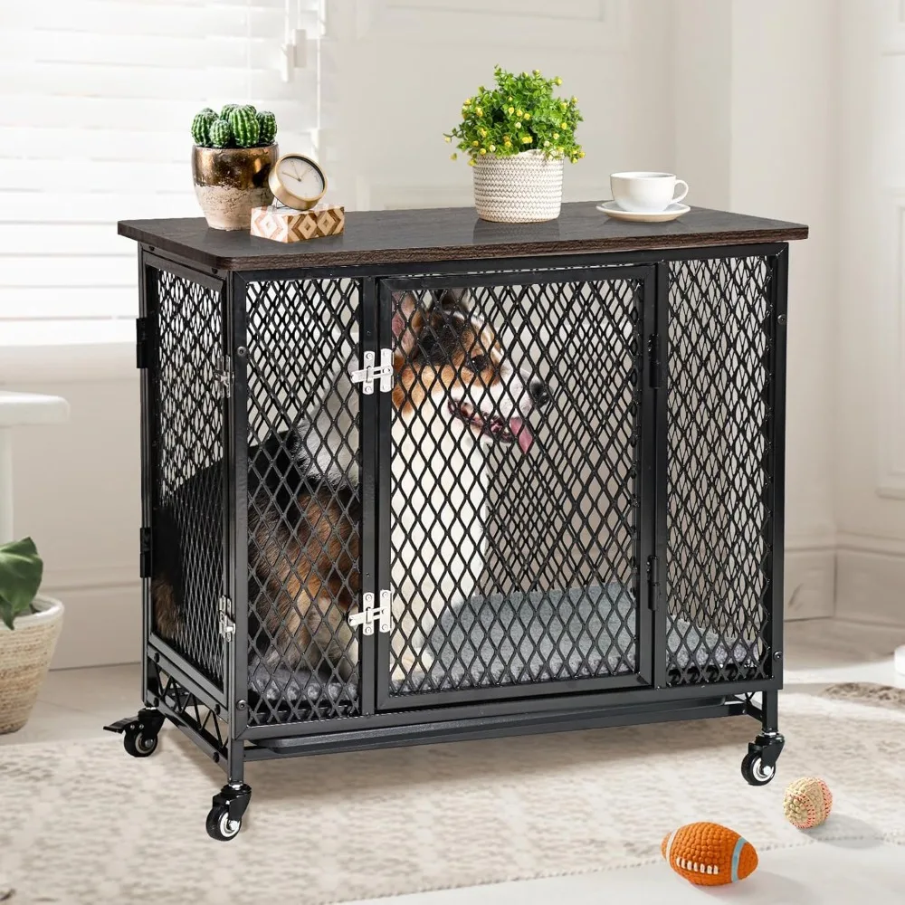 

Indoor Dog Crate Furniture,Dog Kennel Movable Side End Table for Small Medium Large Dogs with Cushion, Tray, Wire,Rustic Brown (