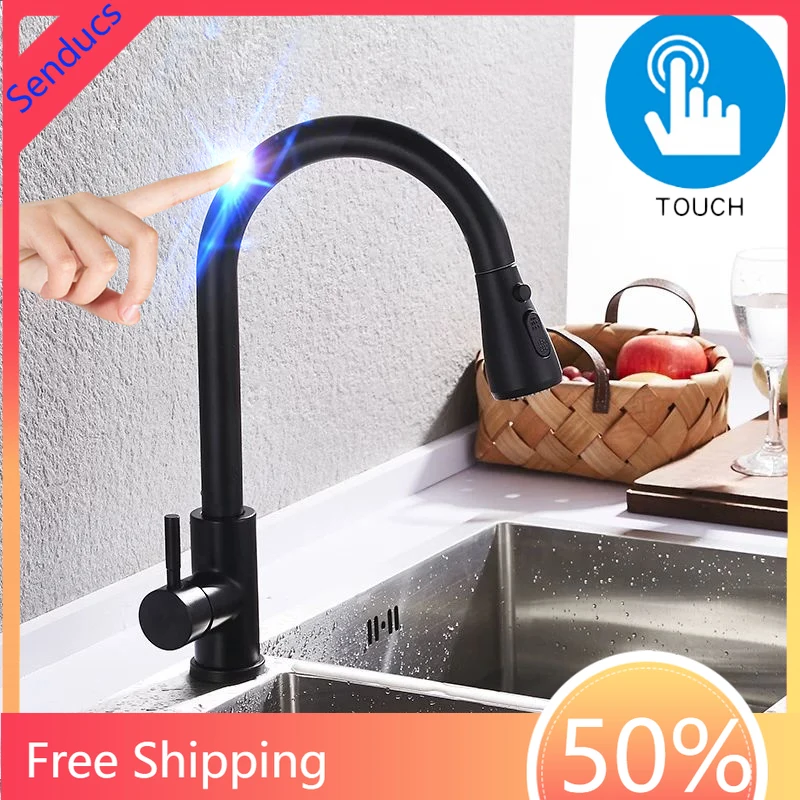 Фото Умный сенсорный кухонный смеситель из нержавеющей стали с выдвижной лейкой, матовое золото, для горячей и холодной воды