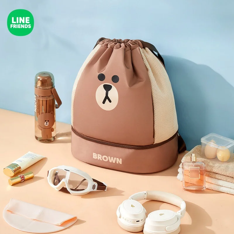 LINE FRIENDS Brown Anime Kawaii Swimming Storage Bag Dry Wet Separation Large Capacity Sports Swimsuit Special Waterproof Bag