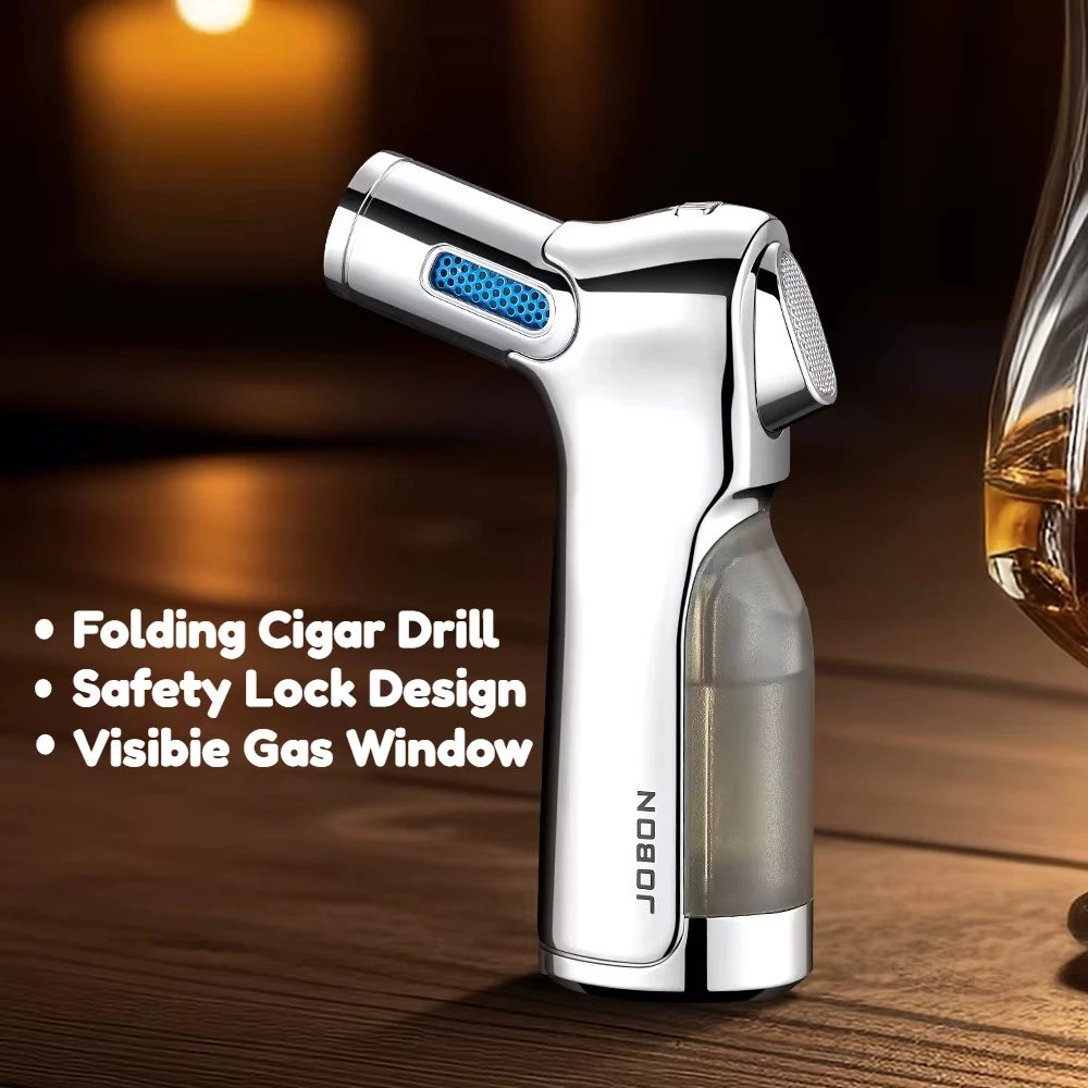 

JOBON 4-Flame Cigar Lighter - Built-in Folding Cigar Drill, Safety Latch & Transparent Gas Window, Strong Windproof Igniter