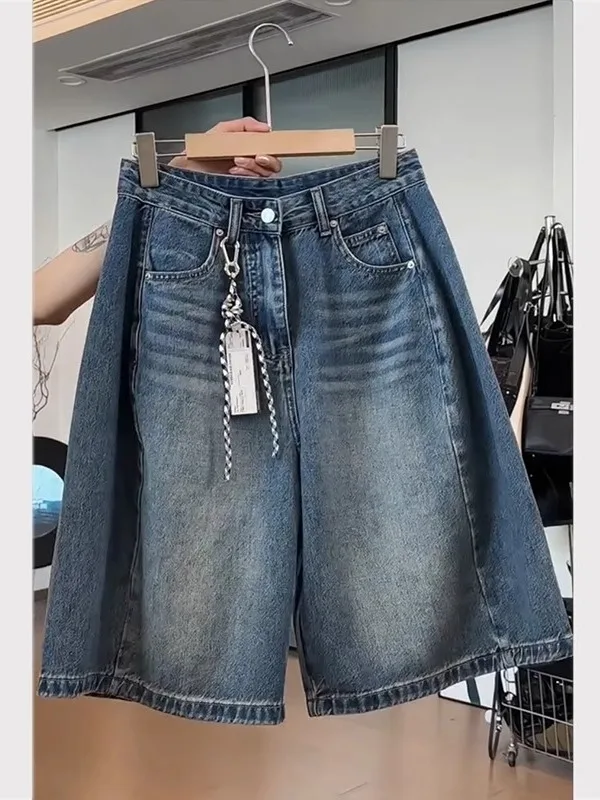 

Летние модные джинсы с высокой талией и прямыми штанинами для женщин, большие размеры, широкие джинсовые брюки-капри, универсальные повседневные штаны