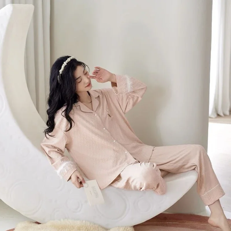 Simple Pink Women's Pajamas Suit Spring and Fall New Long-sleeved Long Pants Korean Fashion Cotton Casual Sleepwear Home Wear