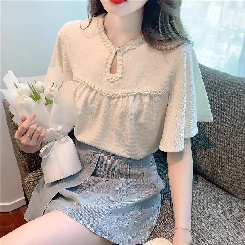 Women's French Ruffle Sleeve T-shirt 2026 New Summer Short Sleeve T-shirt Female Elegant Casual Top Shirt Office Lady Base Shirt