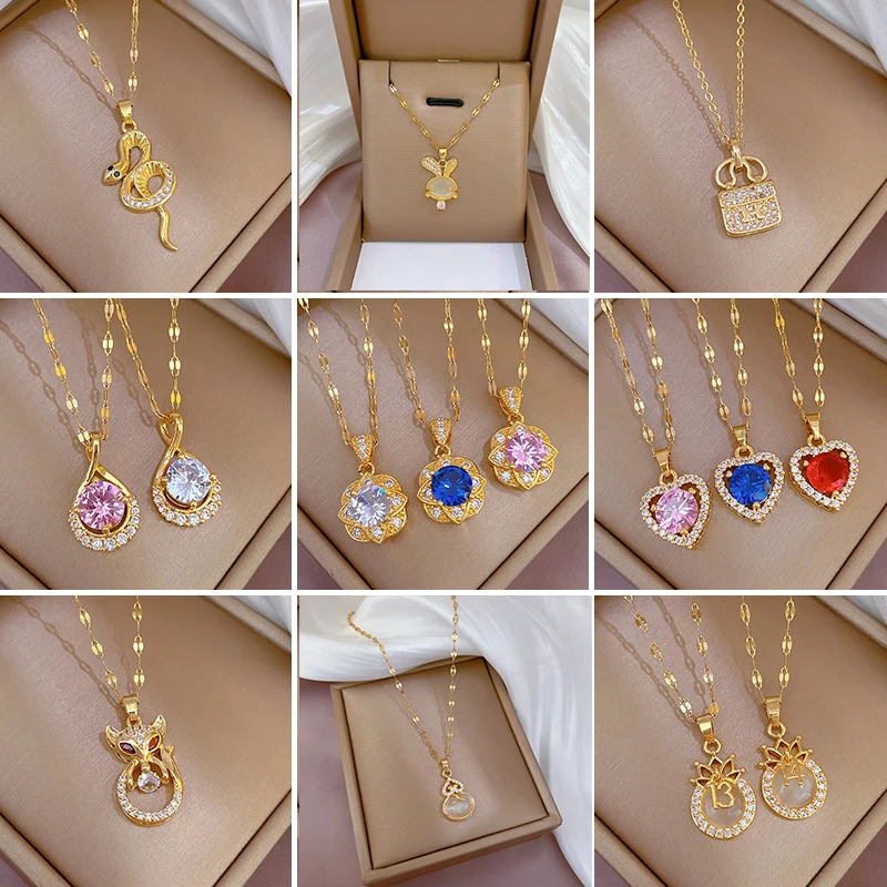OIMG 316L Stainless Steel Gold Plated New Korean Fashion Zircon Crystal Heart Geometric Pendant Necklace For Women Girls Jewelry