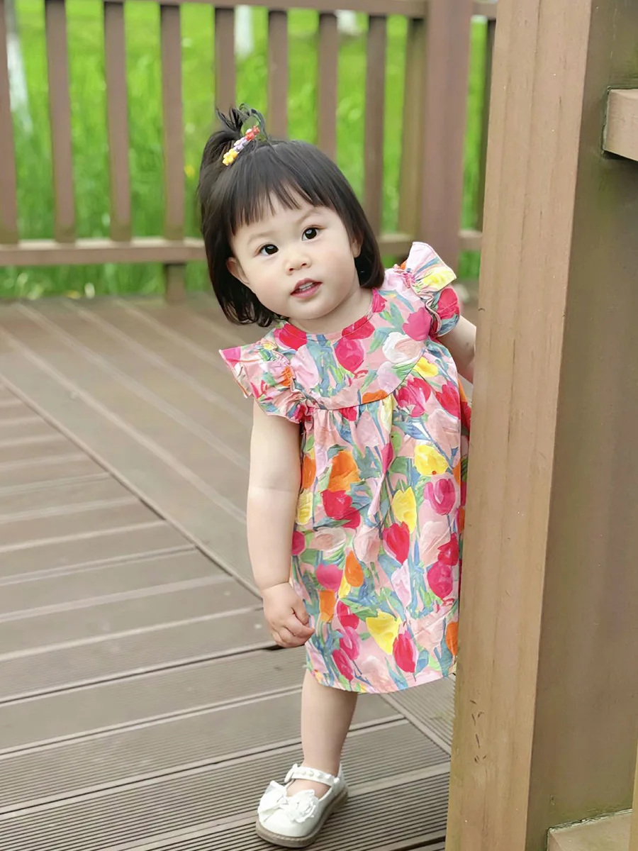 

Girls' New Little Fresh Print Flying Sleeve Beautiful Summer Princess Dress Children Vestidos Casual Outfit 1st Birthday Dress