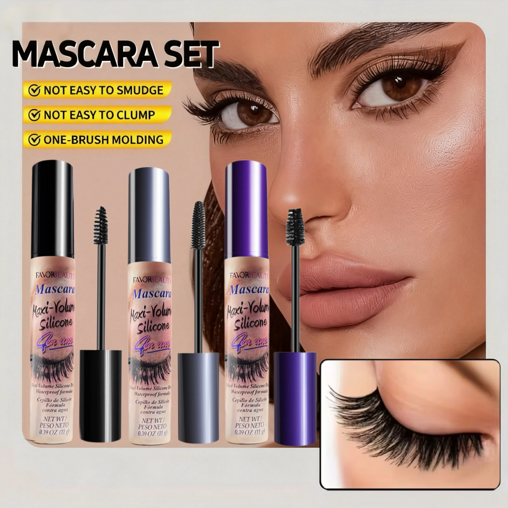 3-Pack Volumizing Mascara Set Includes Three Different Brush Heads, Waterproof, Long-Lasting, Creates Thicker Lashes.